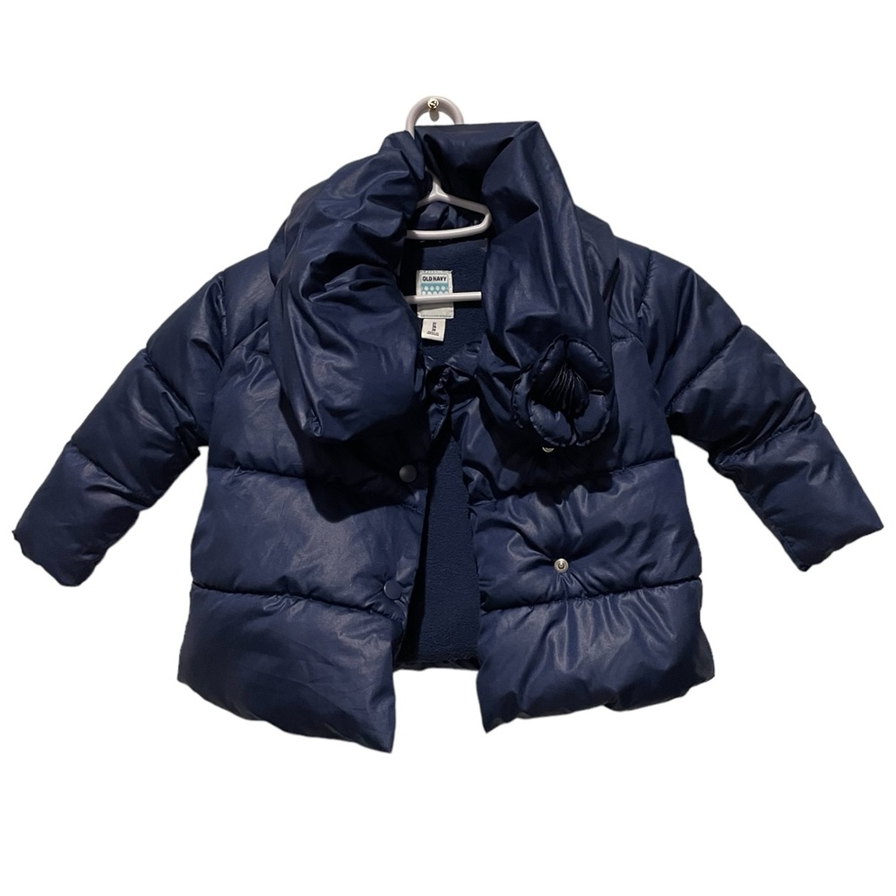 Old Navy Baby Girls 2T Puffer Jacket Navy Blue w/ Flower Accent Snap